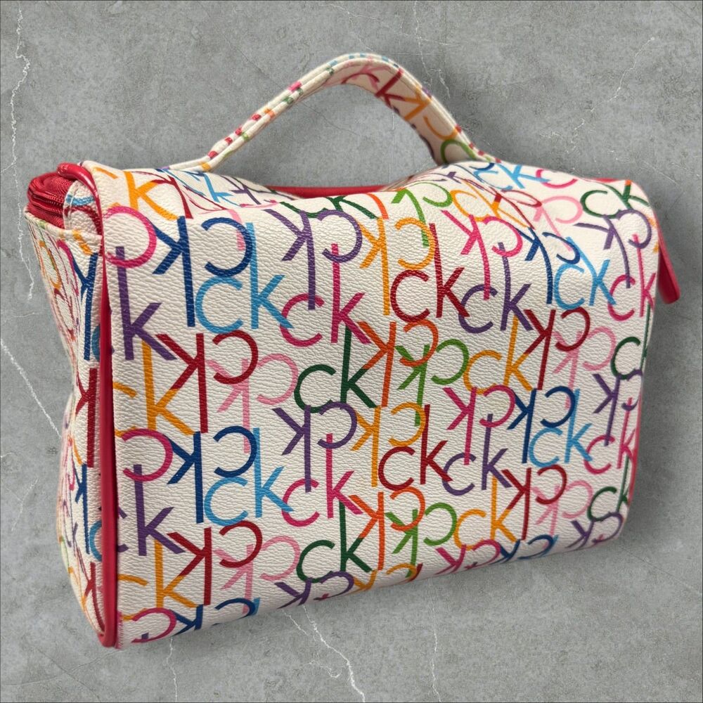 Calvin Klein Rainbow Multi Color Monogram Makeup Bag Tote With Handle Red Zipper - Picture 3 of 7
